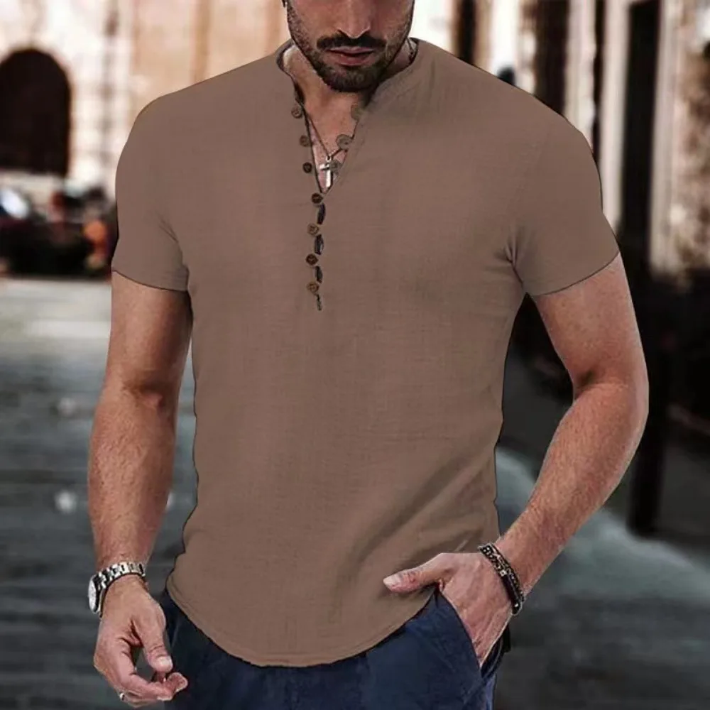 2023 New Men's Short Sleeve Tshirt V neck button Cotton Linen Shirt Men's Casual Clothes Popular Tops for Men