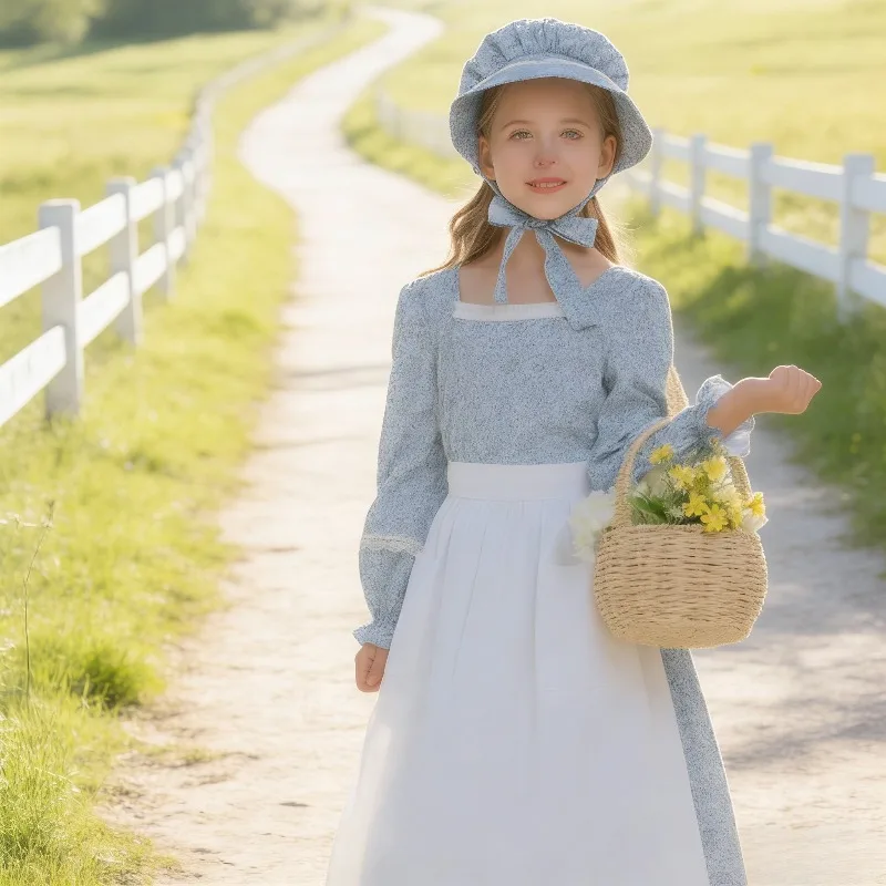 

Pink Blue Floral Prairie Girl Dress Pioneer Costume Cottage Style Long Skirt Historical Outfit Cute