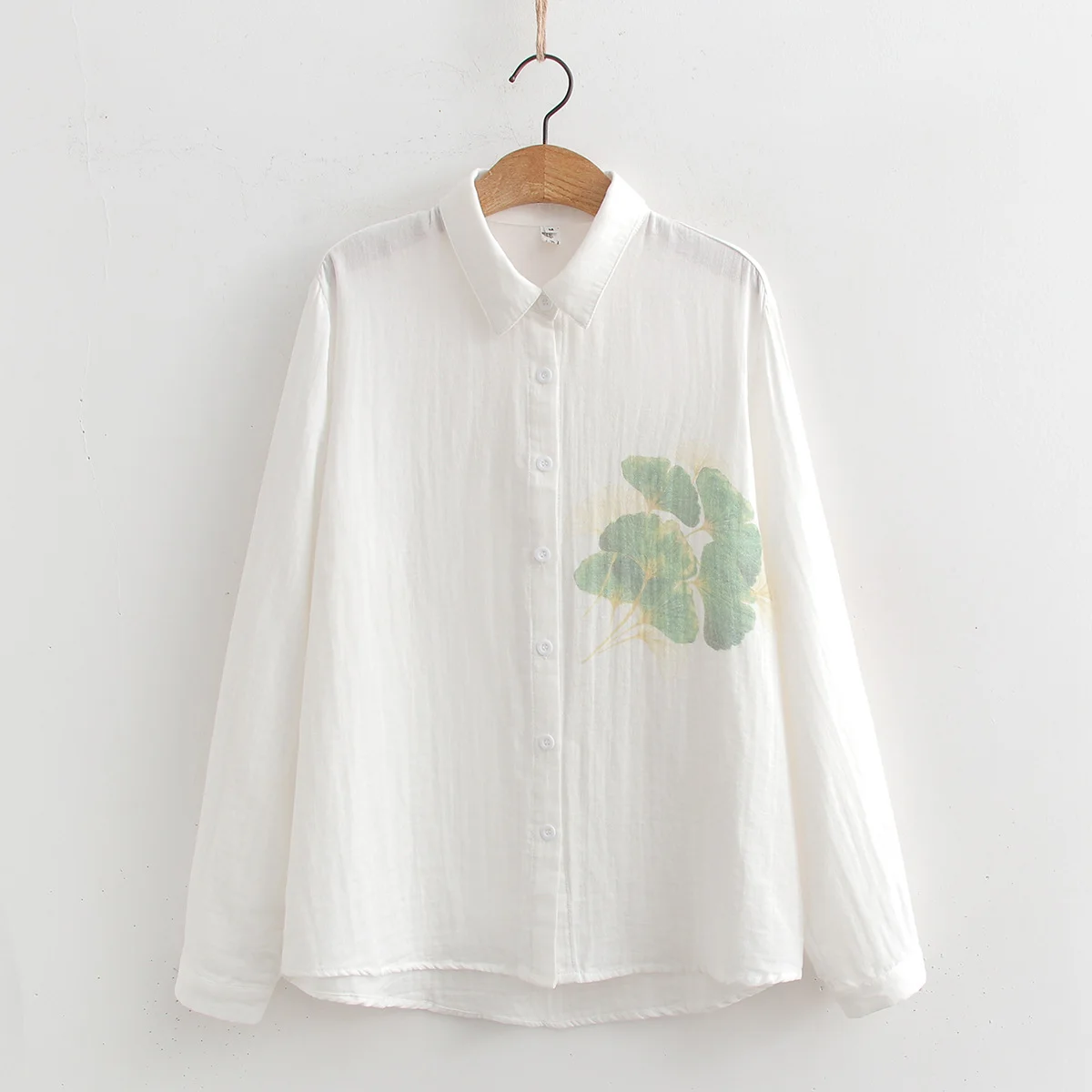 Cotton yarn white shirts long sleeve blouses for women original design ginkgo leaf print shirts ladies work shirts