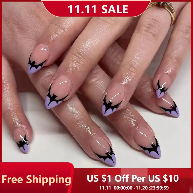 

24 шт., пресс для ногтей на Хэллоуин, фиолетовый французский узор летучей мыши, полное покрытие, типсы для ногтей для женщин и девочек, миндалевидные съемные носимые ногти