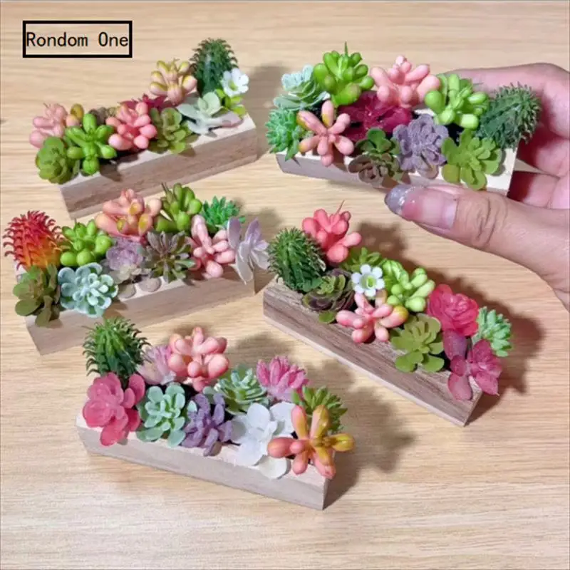Random One Dollhouse Miniature Succulent Wooden Trough Green Plant Pot Model Micro Landscape Decor Ornaments Pretend Play Toys