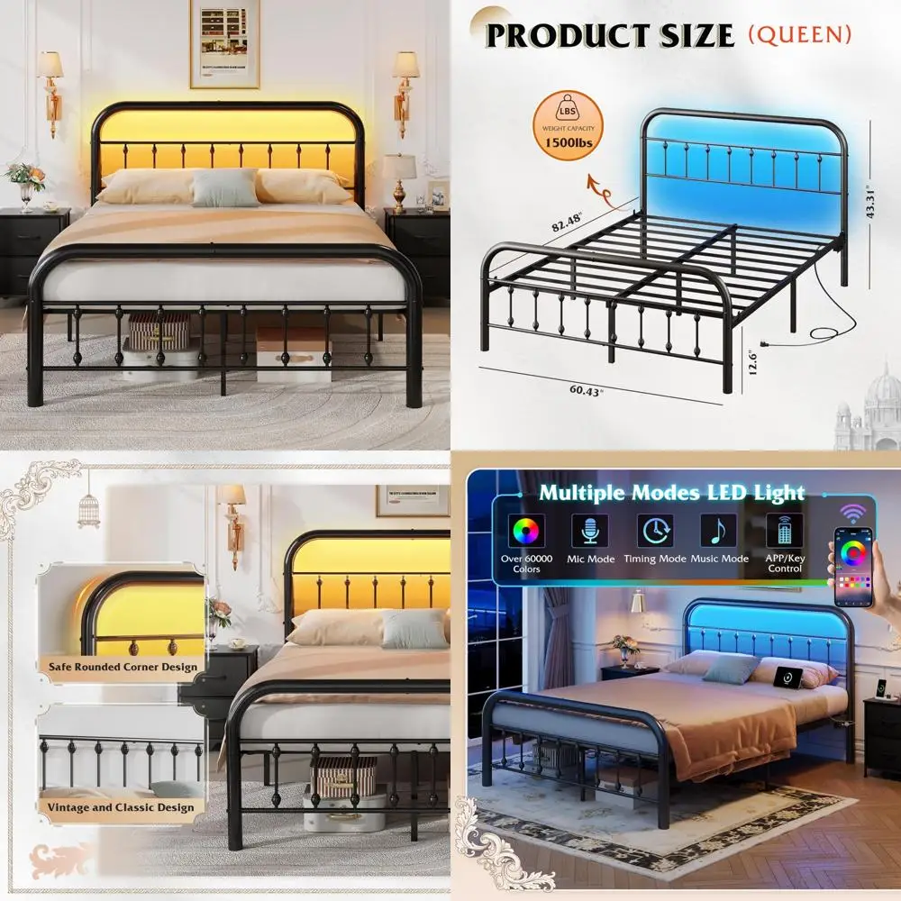 

Queen Size Bed Frame with Headboard, LED Lights, and Charging Station - No Box Spring Needed