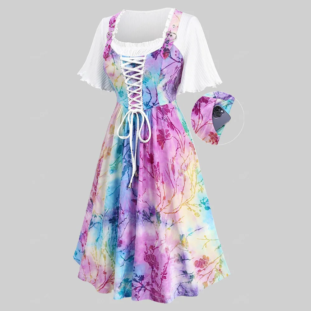 ROSEGAL Plus Size Dresses Vestidos Women Spring Summer Short Sleeve Casual Lace Up Tie Dye Ruffles Pockets Ribbed Textured Dress