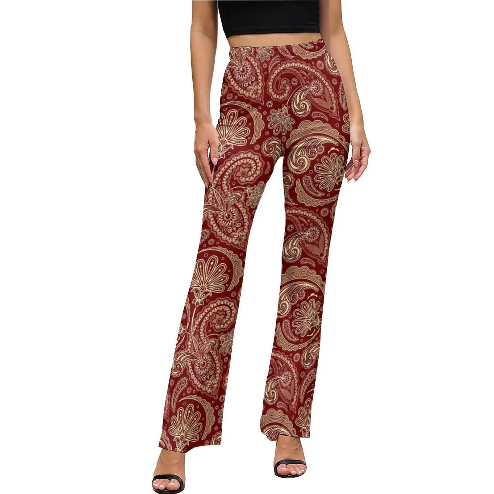 

Vintage Paisley Pants Gold and Red Office Flared Trousers Autumn Female Graphic Street Wear Slim Pants