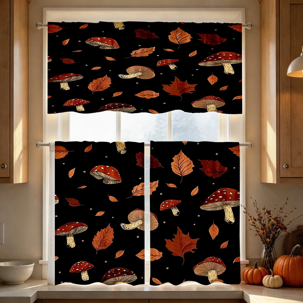 Thanksgiving Fall Kitchen Curtains, Mushroom Maple Leaf, Digital Print, Kitchen Dining Room, Rod Pocket Polyester, Home Decor