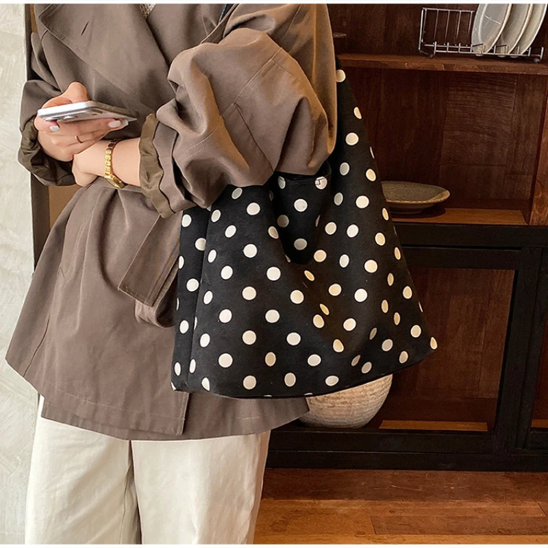 Korean Fashion Polka Dot Frosted Tote Bag Large Capacity Casual Shoulder Bag Women Handbag Daily Commute Shopping Crossbody Bag