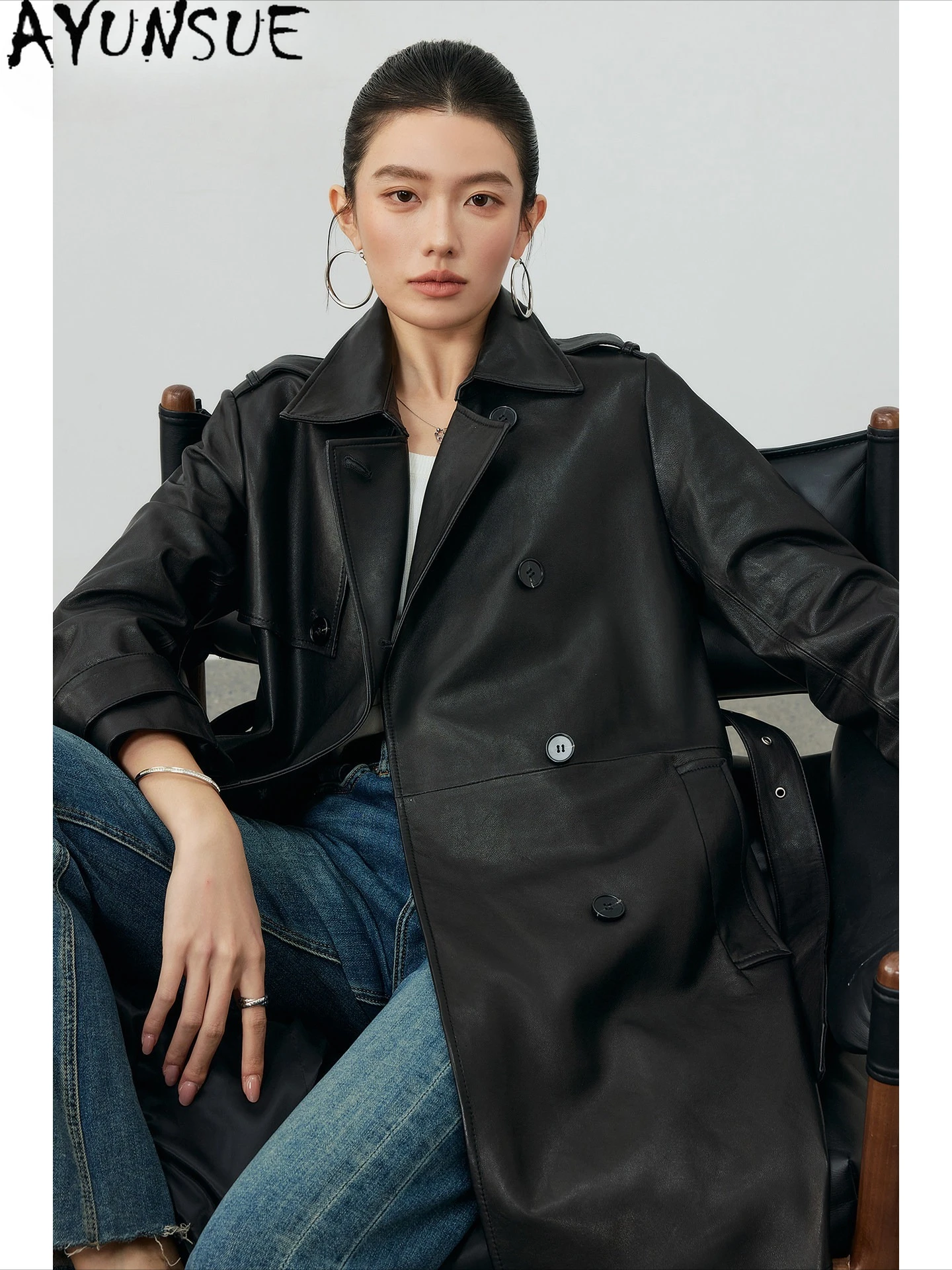 AYUSNUE Real Leather Jacket Women Spring Autumn Clothes Natural Sheepskin Coat Long Trench Coats for Woman New Jaqueta De Couro