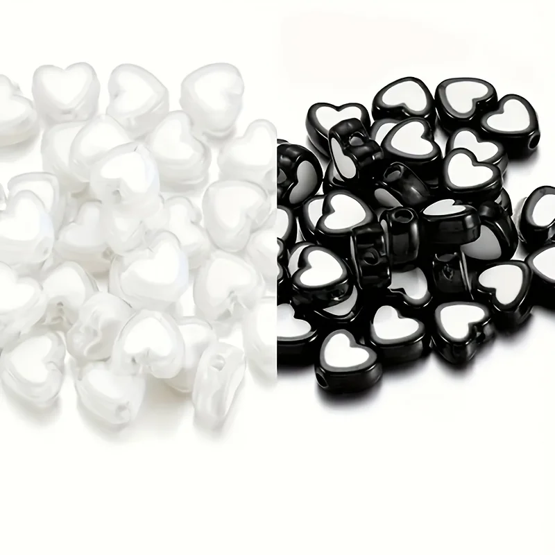 60 Stück 8mm, Schwarz-Weiße Perlen in Perlenherz-Form, Einfacher und Vielseitiger Stil, Kann als Paar-Armband Verwendet Werden, DIY-Produktion