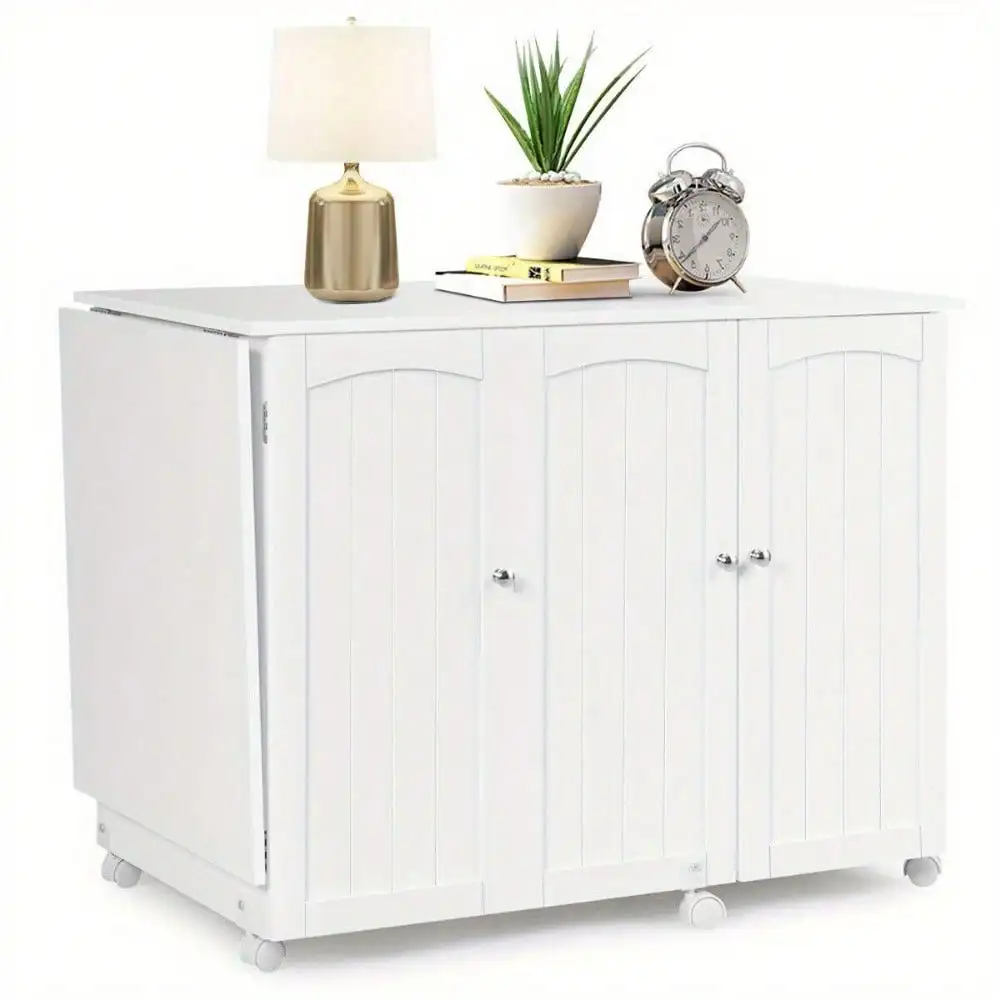 Utility Sewing Table Foldable Craft Cart Shelves Storage Cabinet Wheels White