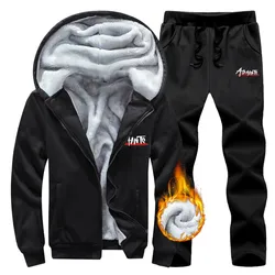 Winter Men Tracksuit Set Sportswear 2 Piece Suit Warm Thicken Plush Hooded Zipper Pocket Jackets + Drawstring Jogging Pants Sets