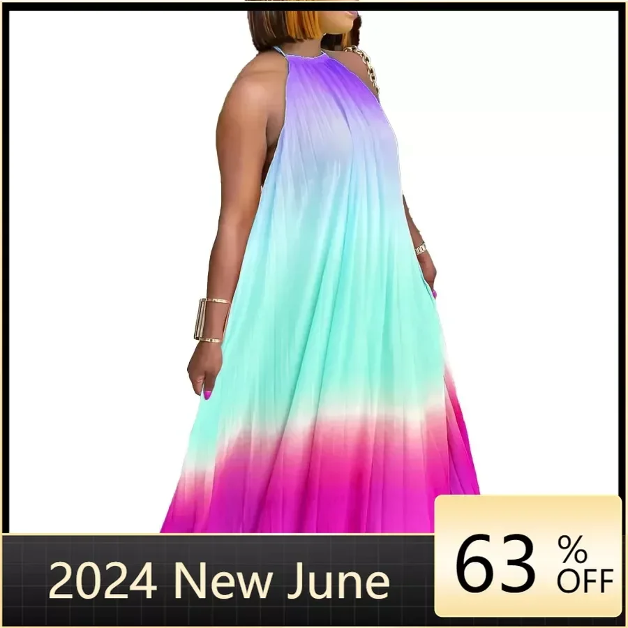 

Gradient Color Halter Pleated Summer Dresses for Women Loose Female Sleeveless Backless Vacation Gowns New Beachwear Holiday New