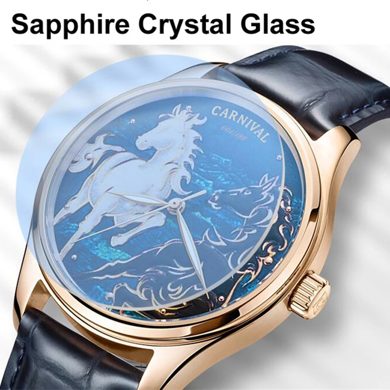 CARNIVAL 3D Horse Dial Watch Men Luxury Top Brand MIYOTA Automatic Mechanical Men\'s Watches Leather Sapphire Glass Reloj 2023