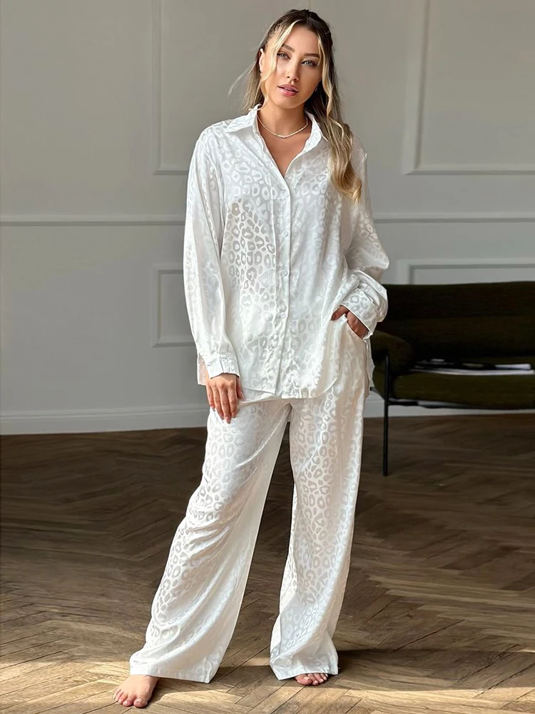 HiLoc Elegant White Jacquard Pants Women\'S Sleepwears Fashion Long Sleeve Loose Shirts Autumn Wide Leg Pants Pajamas Sets Female