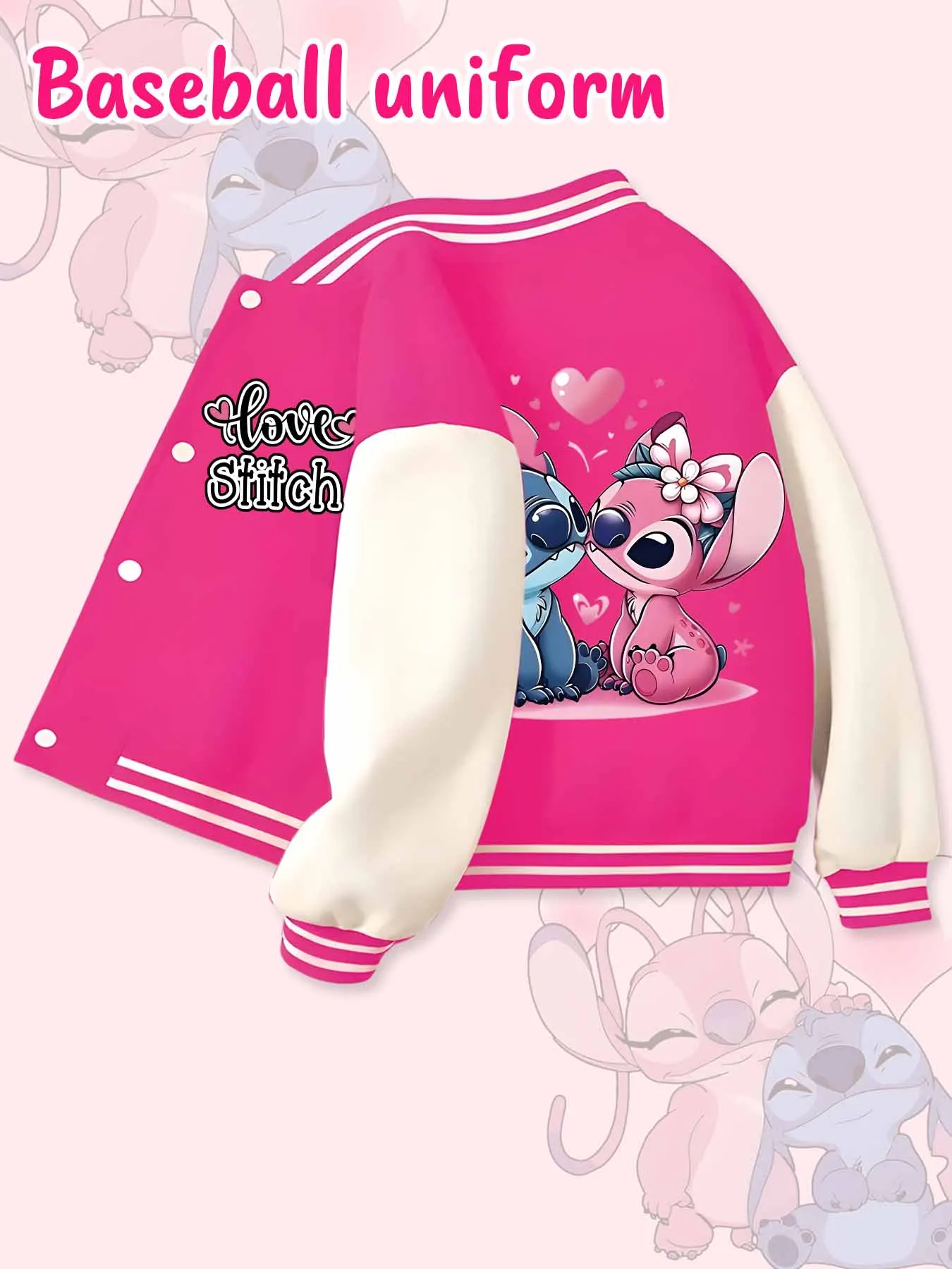 Jaqueta de beisebol tendência da moda Disney, adequada para esportes diários e roupas casuais, impressa com lindo padrão Stitch, belo presente.