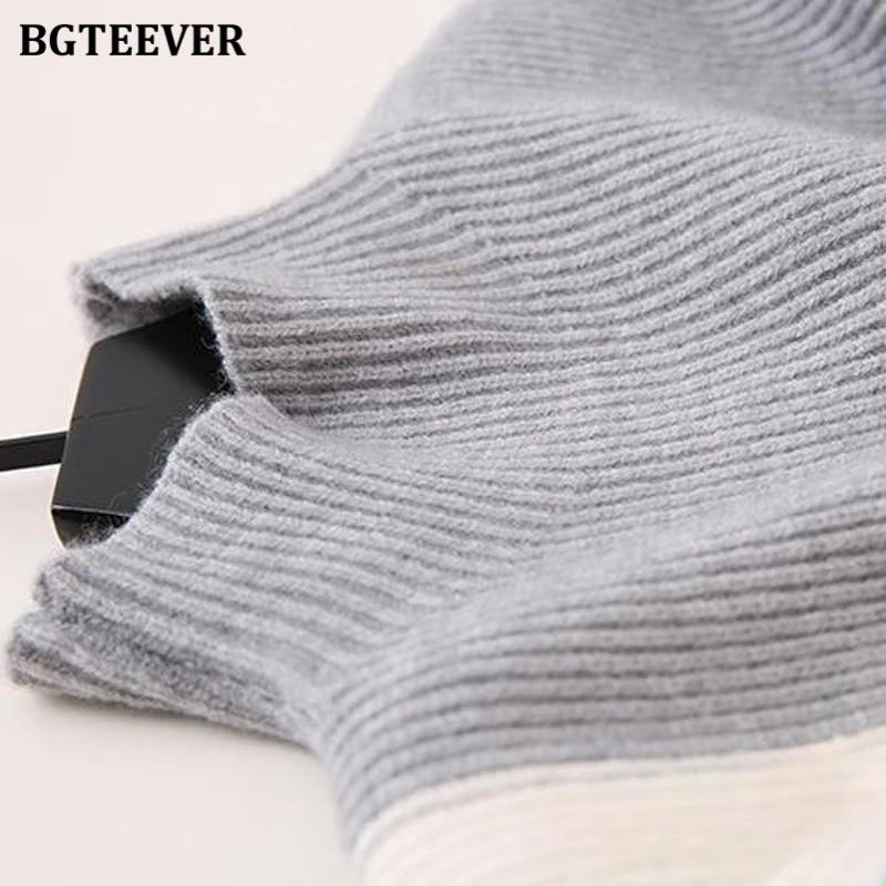 BGTEEVER Stylish Patchwork Sweater Set Women Turtleneck Pullovers Ladies Straight Skirts Winter Warm Knitted Outfits Women