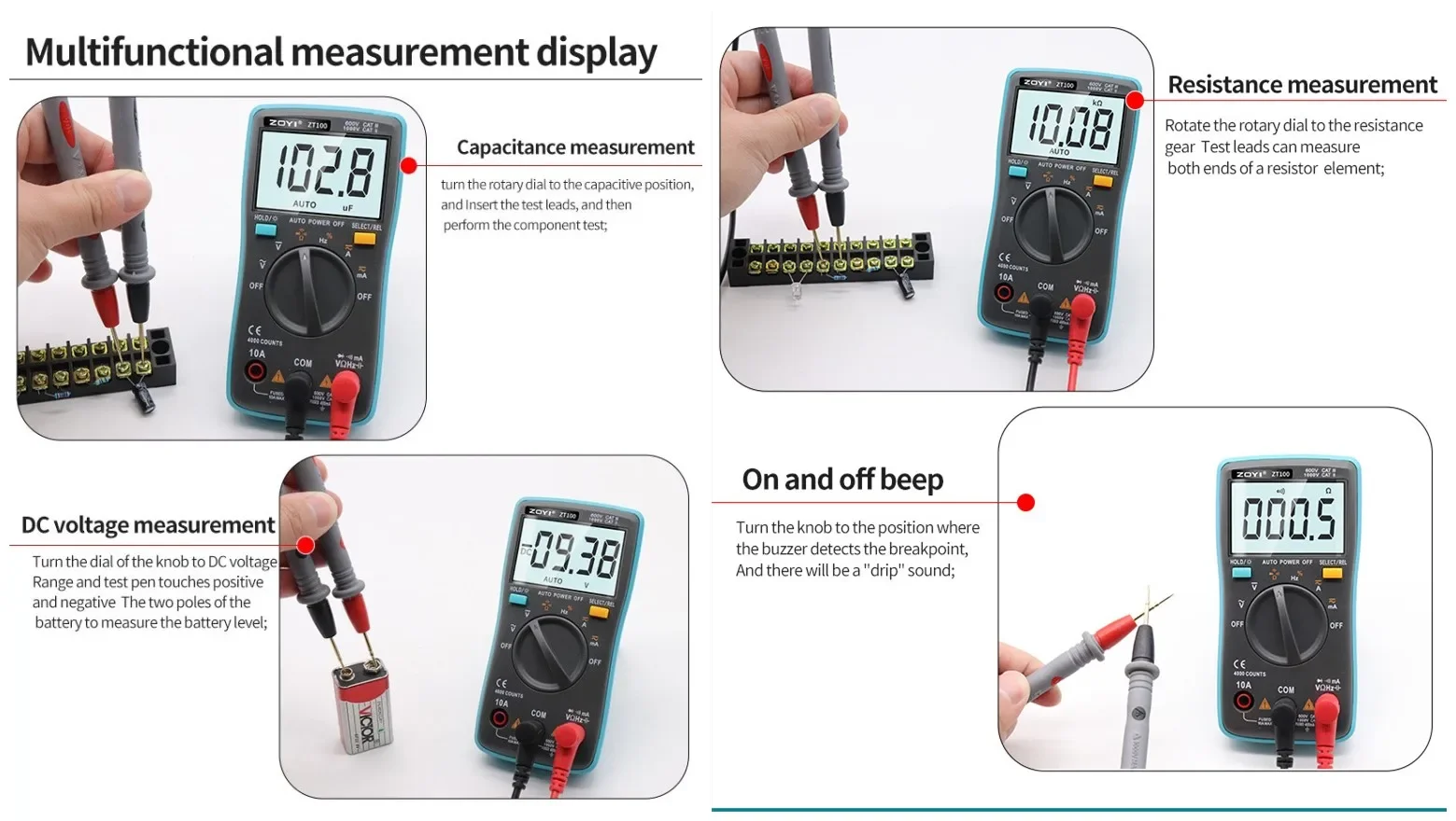 Imagem -04 - Zoyi Zt100 Multímetro Digital Portátil Faixa Automática Pequeno Capacitor à Prova de Queimadura Manutenção Eletricista