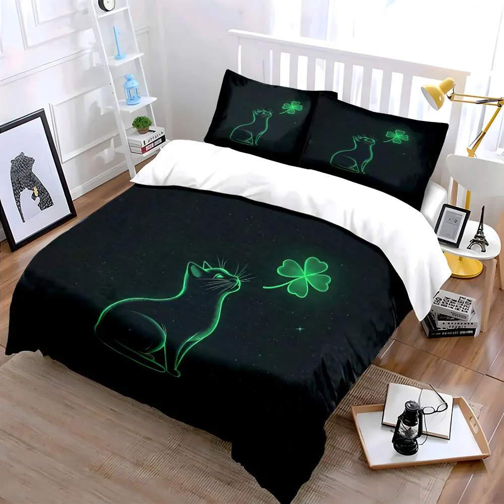 Glowing cat and clover in night sky Printed Duvet Cover Set 1 Duvet Cover+2 Pillowcase Multi Size Bedroom Bedding Decor