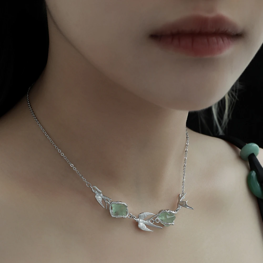 Bird Shaped Original Design Fluorite Pendant Niche S925 Sterling Silver Necklace Irregular Women's Fashion Jewelry Wholesale