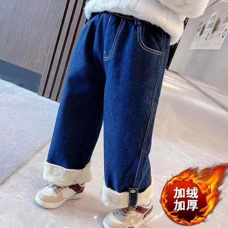 Girls Paded Jeans Pants Winter Kids Plus Velvet Thick Warm Denim Trousers Autumn Teen Fashion OuterWear Cowboys Pants 1-6 Years