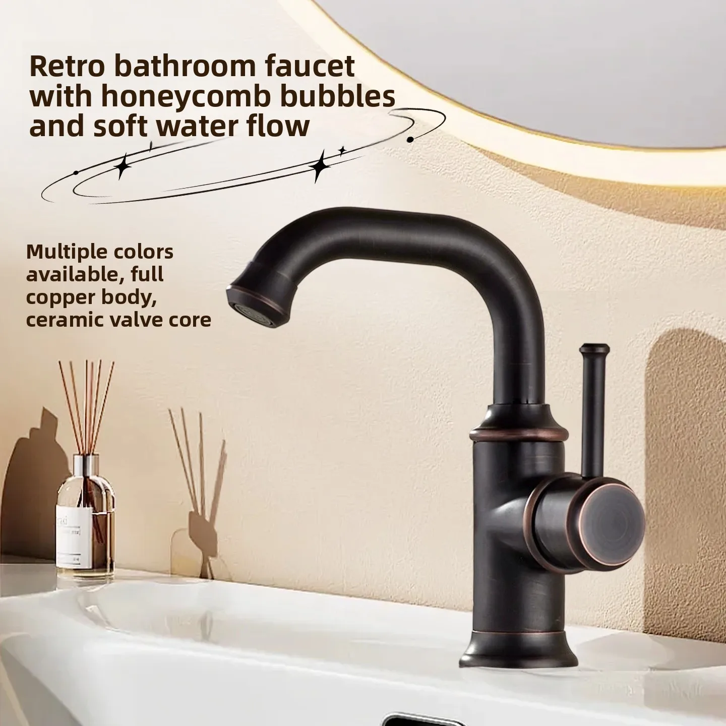 Full copper vintage faucet in classic gold, rotatable faucet, creative washbasin, stylish cold and hot water faucet