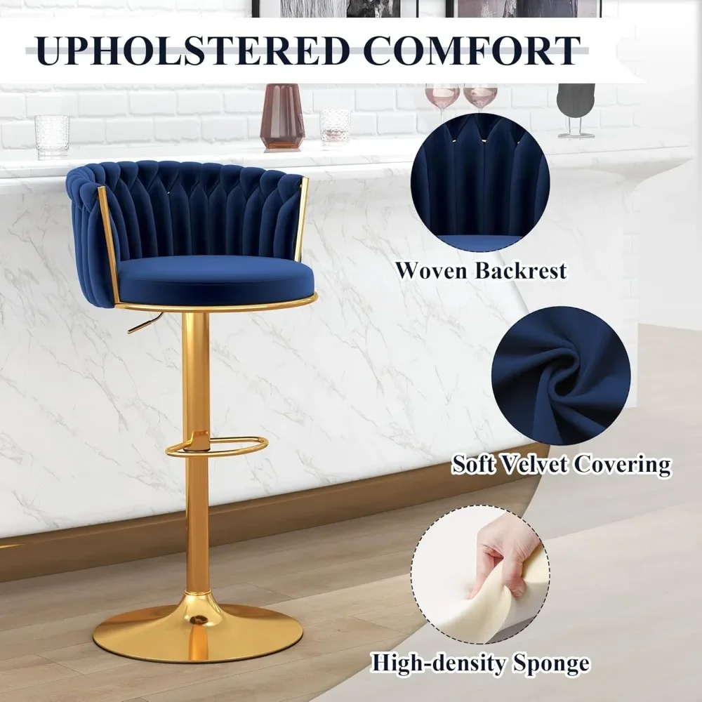 Gold Bar Stools, Velvet Woven Barstools, Swivel & Height Adjustable Counter Stools with Upholstered Backrest