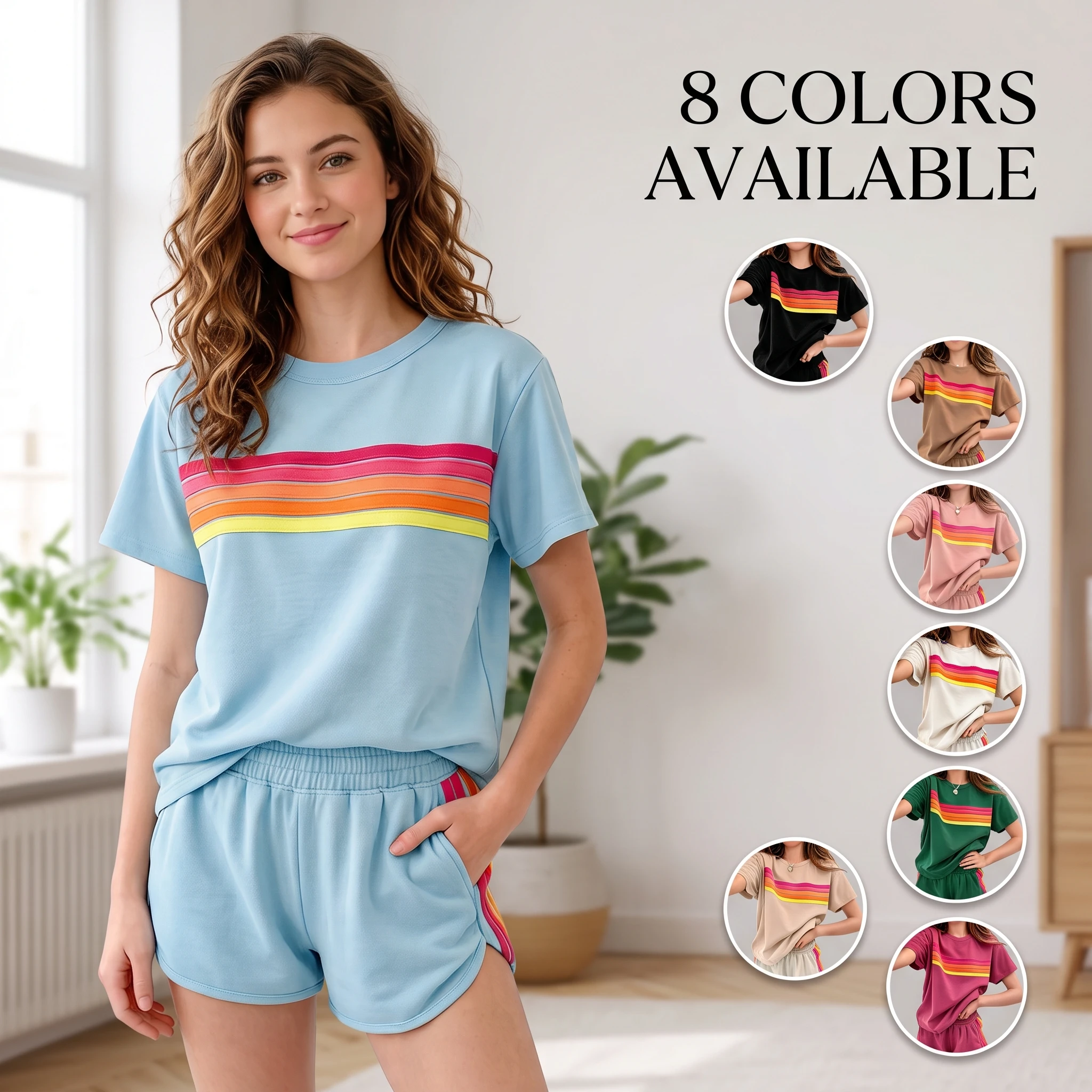 Women's 2 Piece Retro Striped Lounge Set Summer Short Sleeve Crewneck T-Shirt and High Waisted Elastic Shorts Tracksuit Casual Match Set