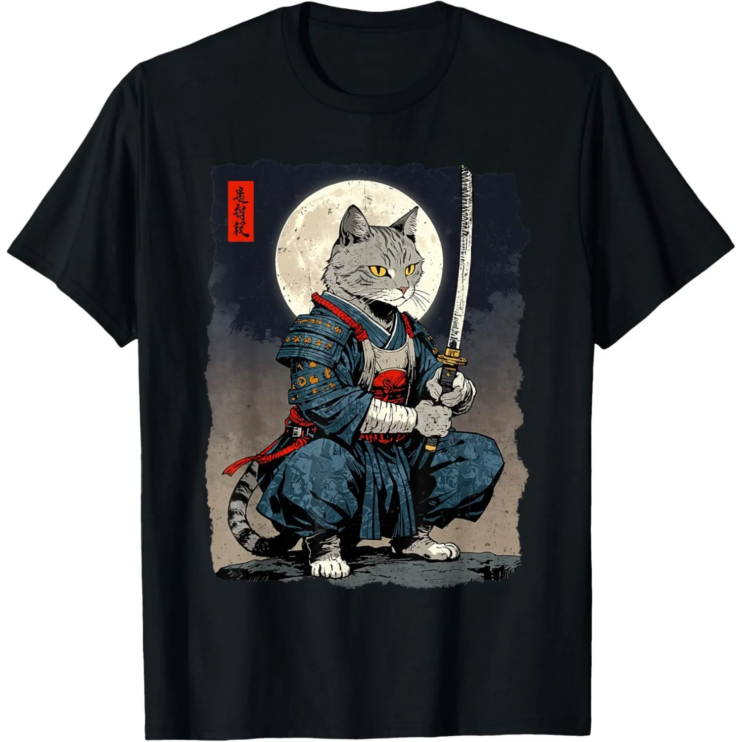Samurai Cat Warrior Graphic Tee Japanese Retro Ukiyo-e Style Print Men's Crewneck T-Shirt