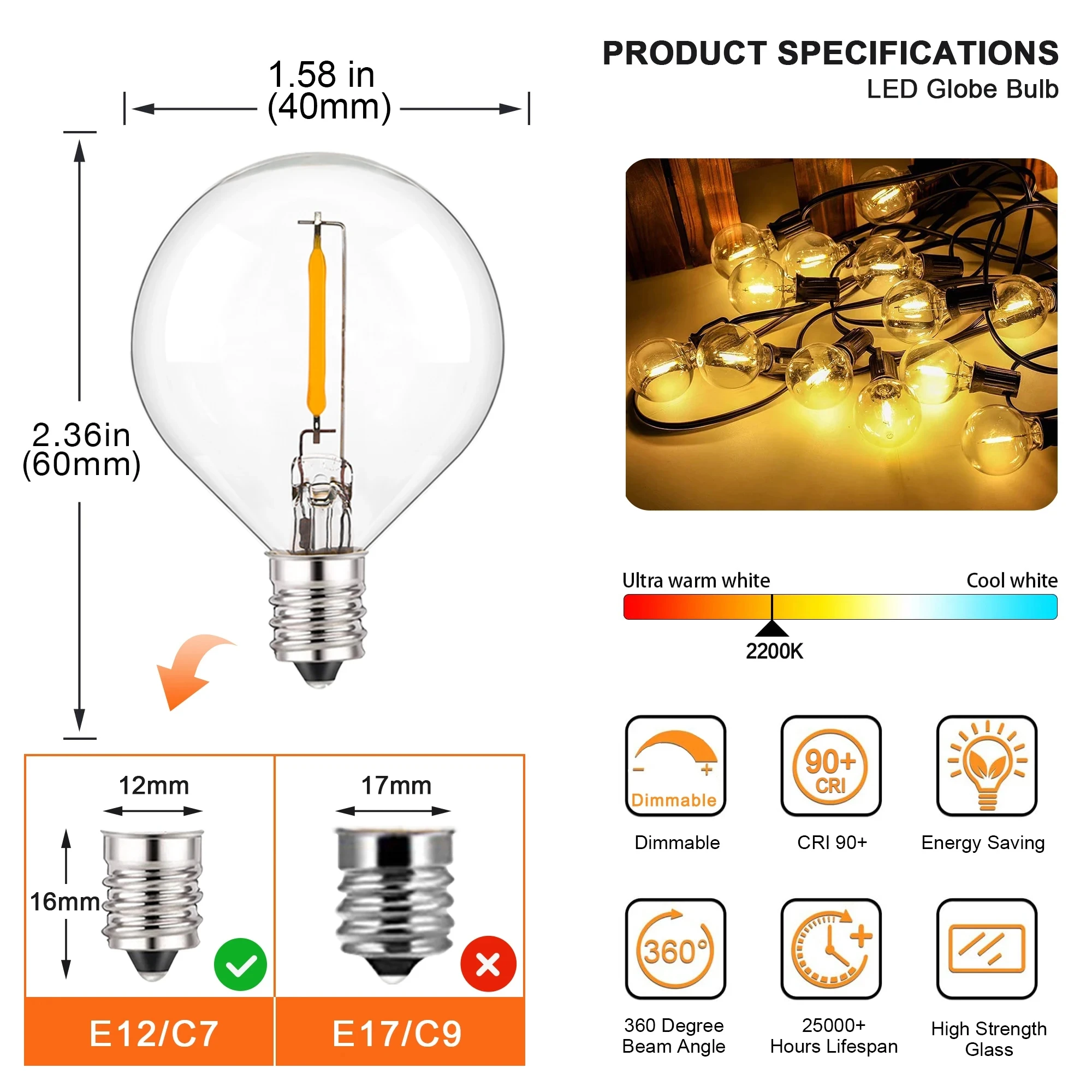 빈티지 LED 전구, 따뜻한 흰색, 2200K 투명 유리, 7W 백열 스트링 조명 교체 전구, G40, 1W, E12, 220V, 25 개