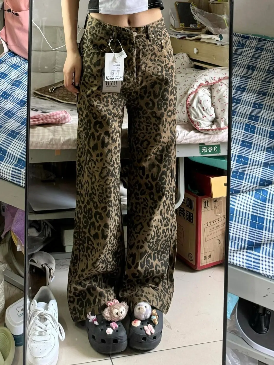 

Женские джинсы Hot Girl Cheetah Jeans 2025 — широкие брюки-клеш, свободный крой Y2K, прямая джинсовая ткань, модная эластичная высокая талия Ins