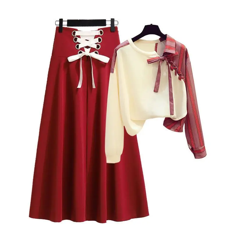 Casual Drawstring Bow Matching Sets Spring Autumn Fashion Asymmetrical Patchwork Female Clothing Two Piece Set Basic Dress Sets