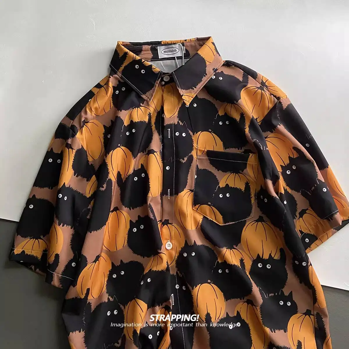 

Unisex Casual Shirts Black Cat Cartoon Floral Print Short Sleeve Shirt For Men Women Hawaiian Vintage Japanese Style Tops