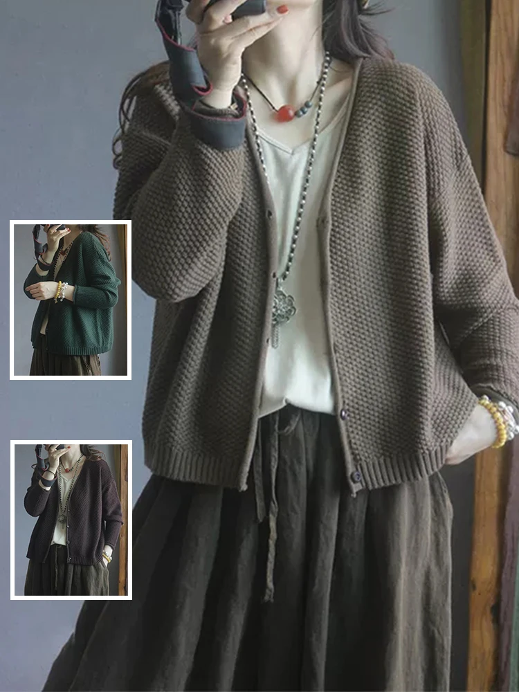 

Ретро однотонный длинный свековый вязаный открытый кардиган больших размеров, женский повседневный свитер с манжетами V-Ne Jaet