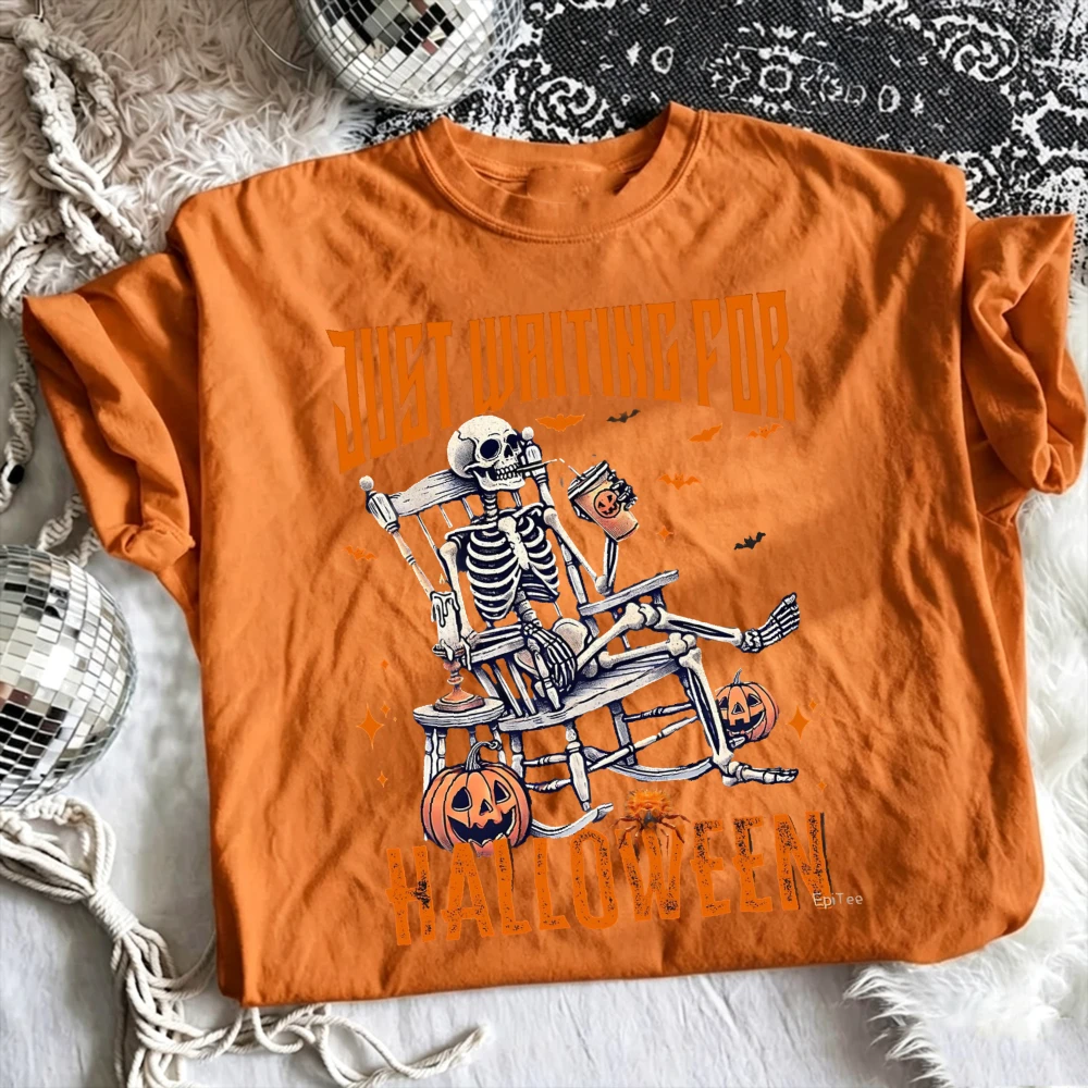 Halloween Skeleton Drinking Coffee Pumpkin Graphic T-shirt Men Women Unisex Cotton Short Sleeve Tee Just Waiting For Halloween