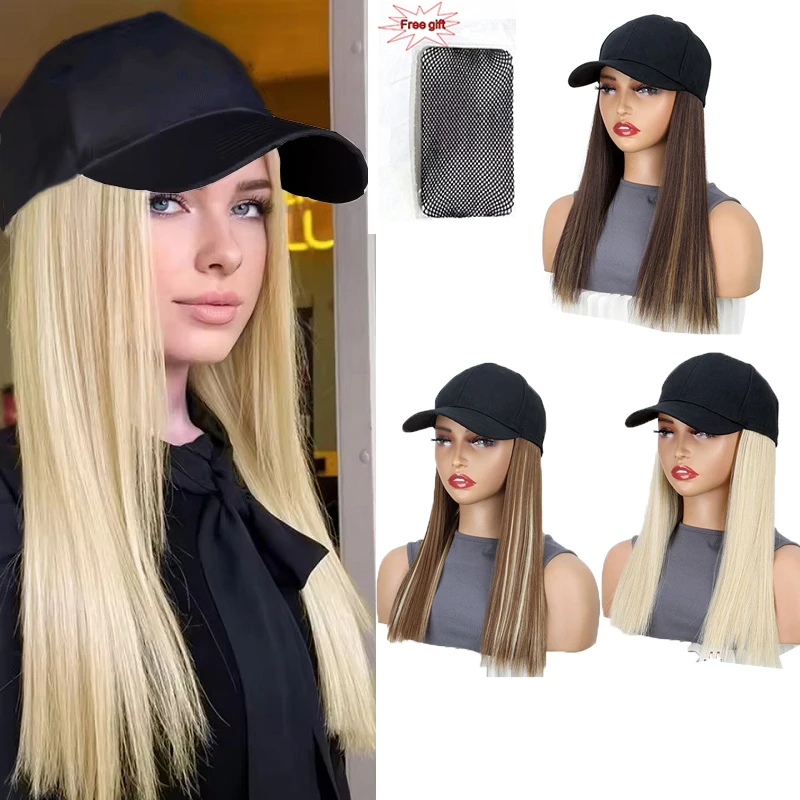 18Inch Synthetic Baseball Cap Wig With Black Hat Long Straight Hair Wigs for Women Connect One Piece  Adjustable
