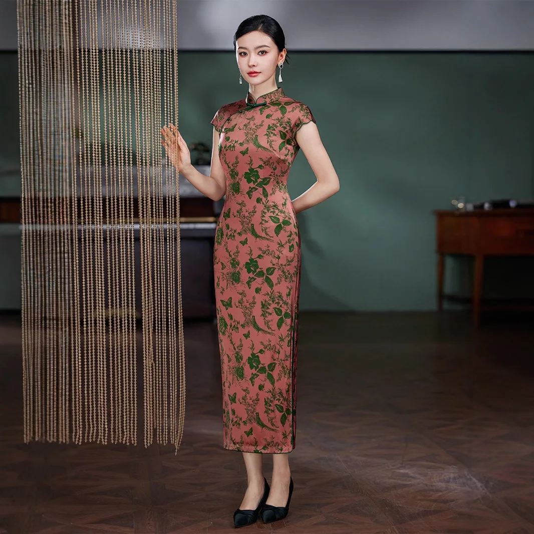 

Silk Floral Traditional Vintage Modern Cheongsam Qipao Women's Sense Beautiful Young Rose Red Long Improved Temperament