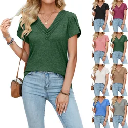 Women's Summer Blouse Spliced V-neck Petal Sleeve Solid Color Casual T-shirt Multiple Colors Available Soft Comfy Tops Tees