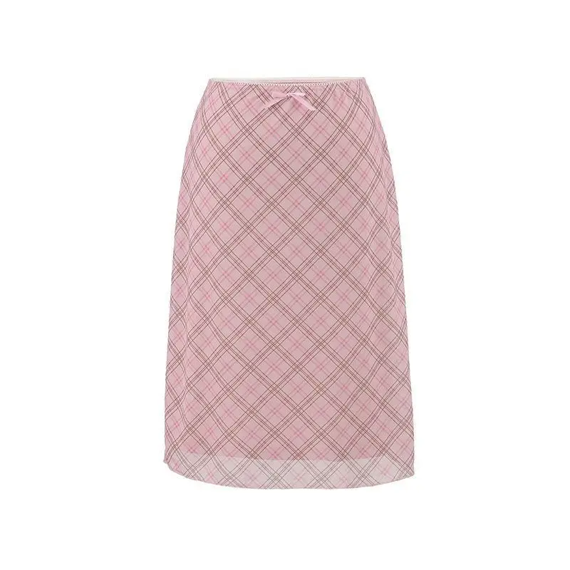 Deeptown Sweet Plaid Skirt Women Elegant Korean Style Vintage Mesh Mid Skirts Harajuku Y2k Fashion Summer A-line Skirts Slim Up