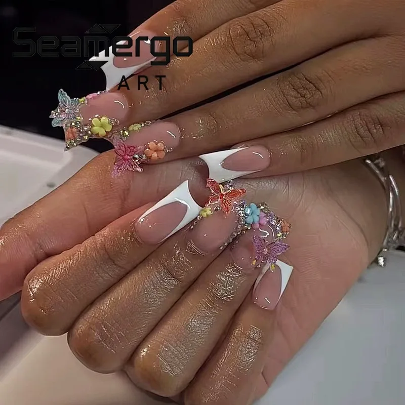 

24PCS 3D Embossed Butterfly Flower Duckbill False Nails Simple White French Duck Nails Tips Sweet Cool Rhinestone Press on Nails