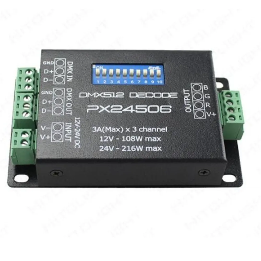 

PX24506 DMX 512 Amplifier Led Driver Decoder RGB strip led controller for 5050/3528 LED Light 3CH X 3A 9A 108W-216W DC12V-24V