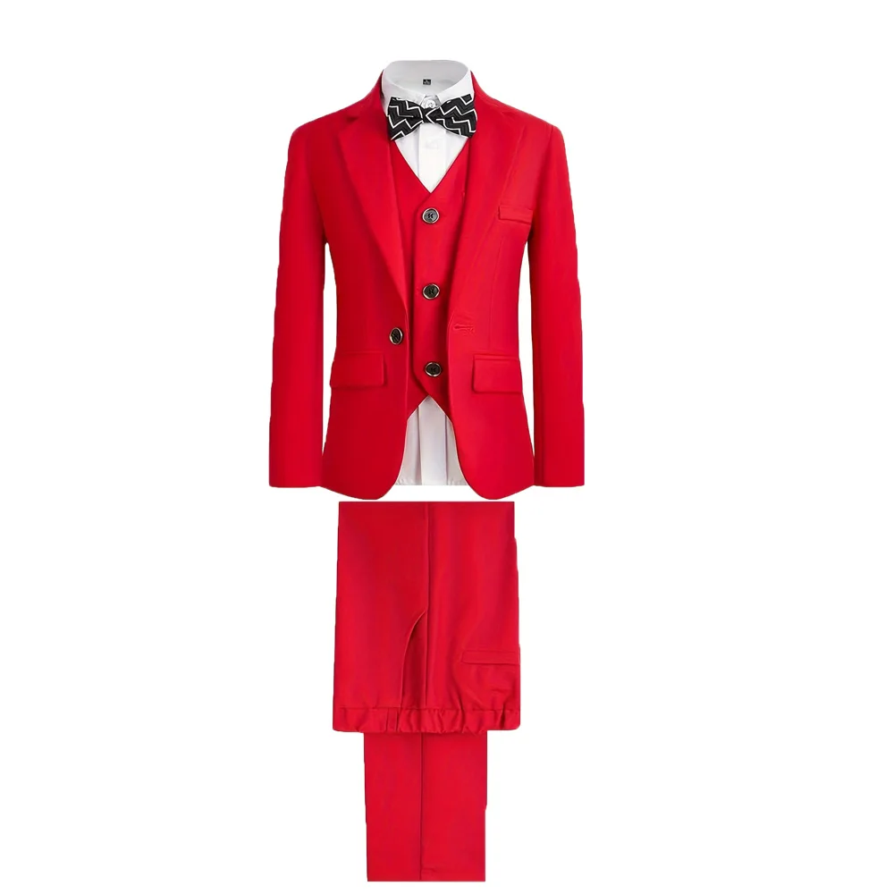 

Prince Kids Wedding Party Dress Boys Performance Costome Children Red 4Pieces/Set Jacket Vest Pants Bowtie Photography Suit