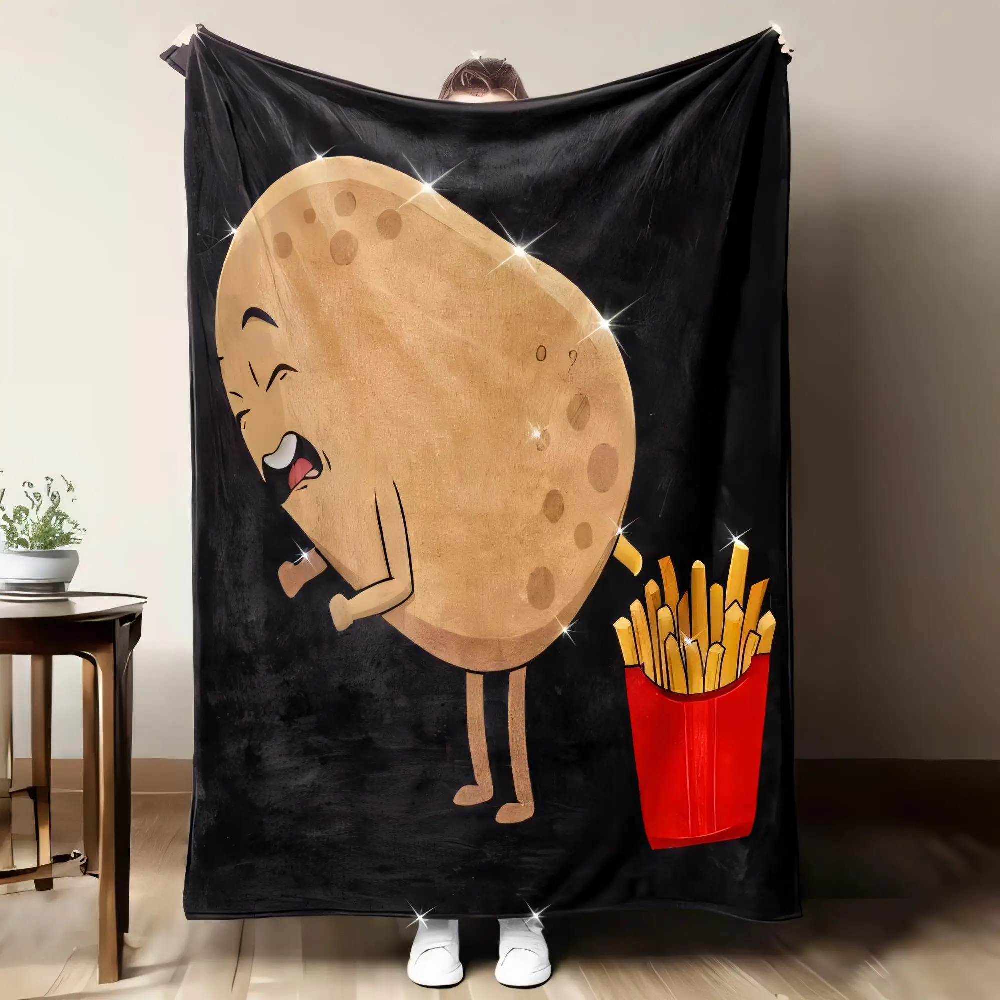 Skurrile Kartoffel-Charakter-Decke, weicher, gemütlicher Überwurf mit funkelndem Pommes-Frites-Design – perfekt für Heimdekoration, Kinderzimmer oder Un