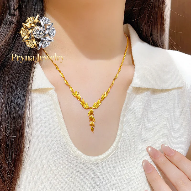 Pryna Jewelry  9999 ancient golden branch and jade leaf necklace happy leaf wheat ear 24K real gold clavicle chain wedding gift