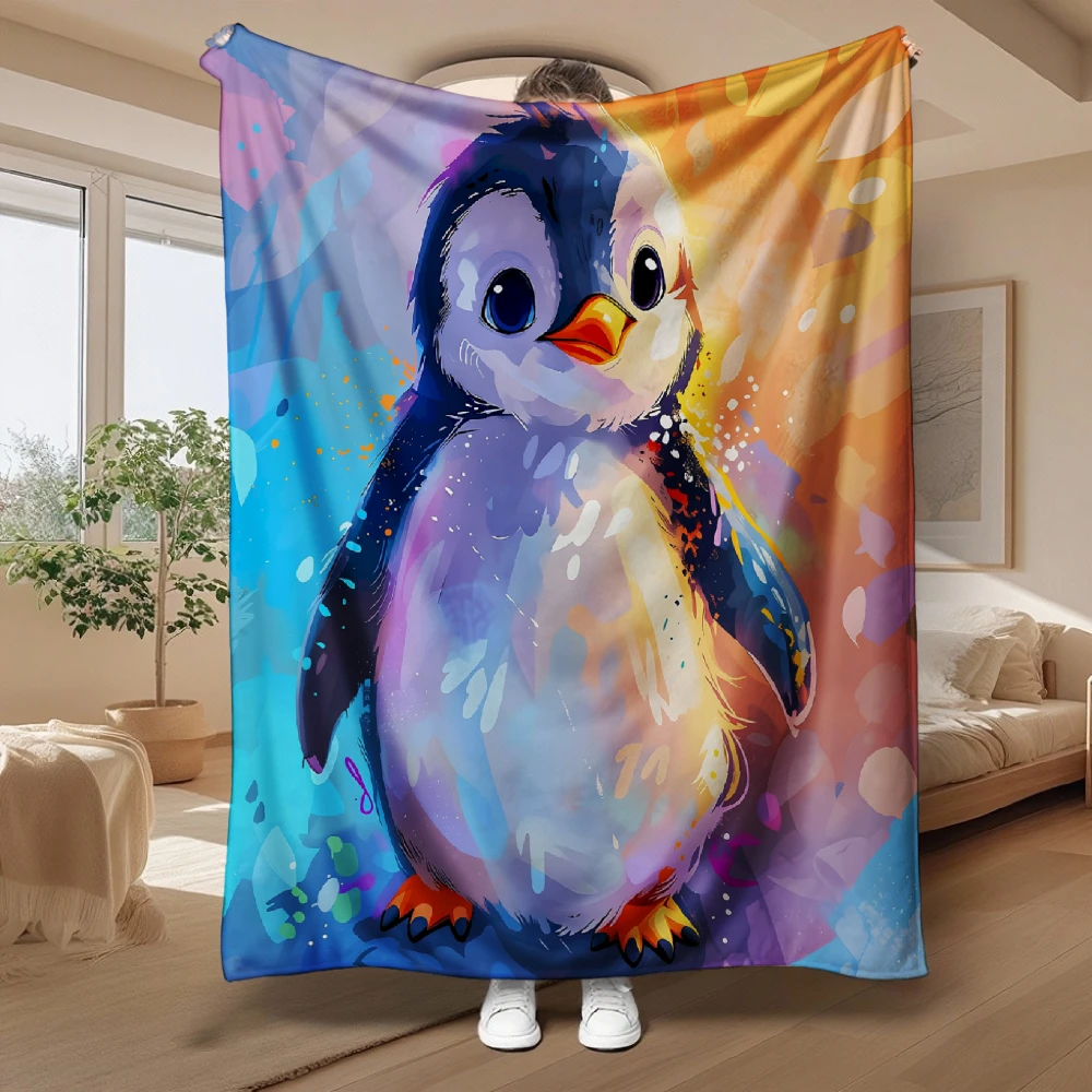 Cute Watercolor Penguin Soft Fleece Blanket, Bright Colorful Artistic Design, Great for Home Decor & Gifting, Warm Multi-Purpose