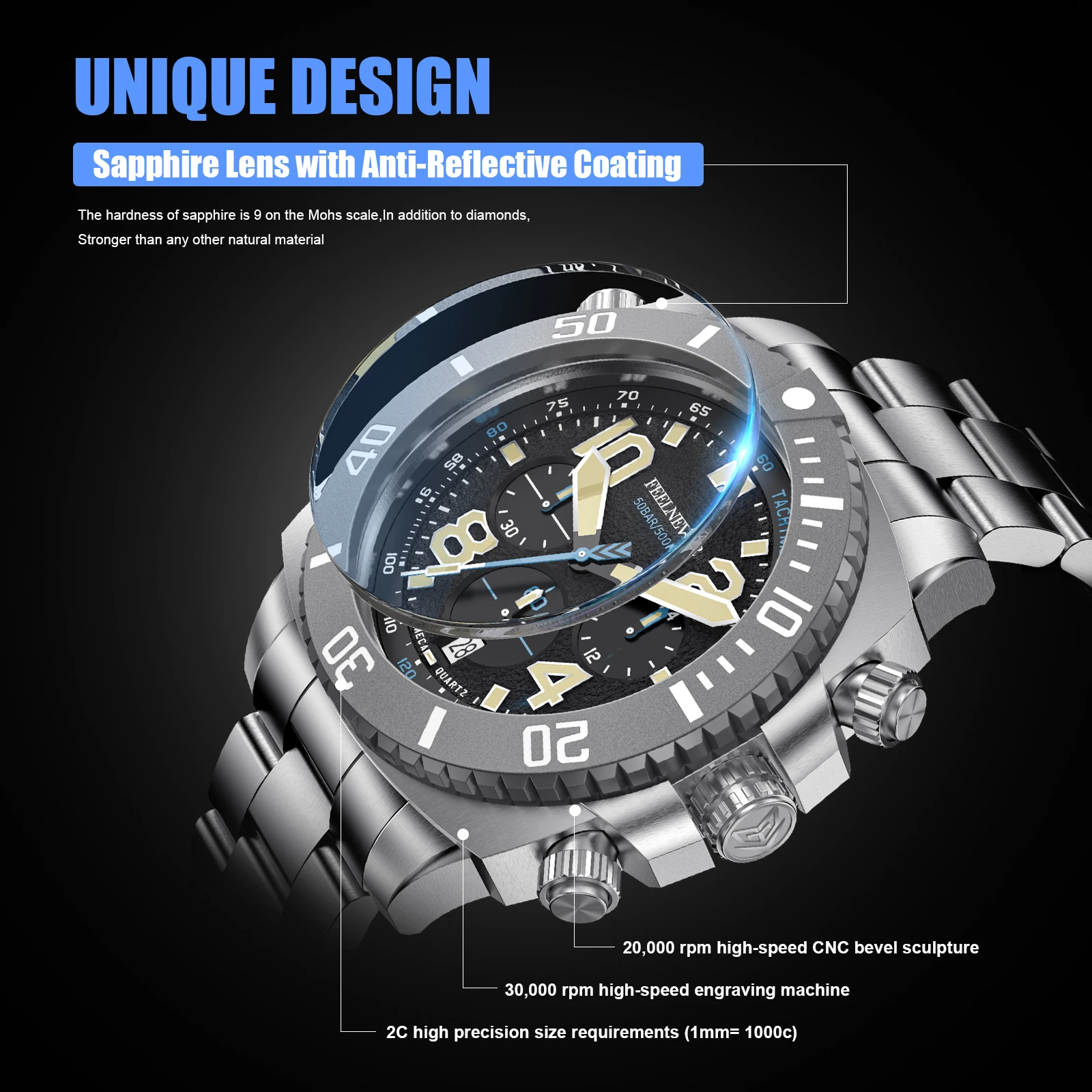 FeelNever Sport Quartz Man Watch 316L Stainless Steel Sapphire Big Dial Watches for Men Dive 500M Waterproof Clocks Reloj Hombre