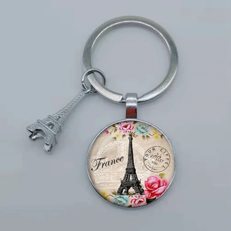 Romantic Paris Eiffel Tower Key Chains Art Lady Wander Drawing Design Glass Pendant Cute Keychain Keyring Women Bag Jewelry