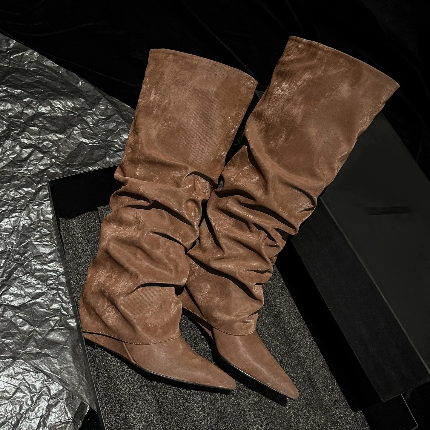 

Brown Suede Slouchy Over The Knee Boots Pointed Toe Wedge Heel Stylish Slouch for Casual Chic Comfortable for Autumn Winter