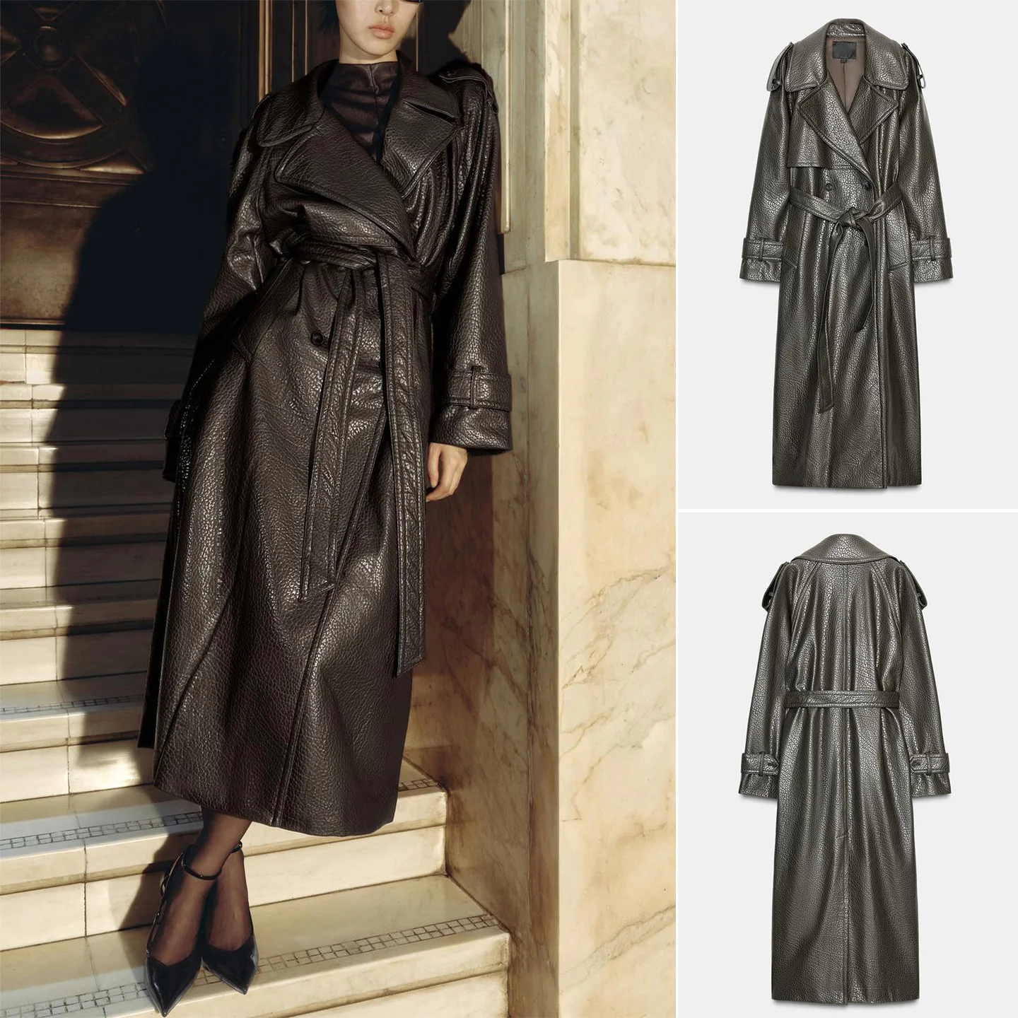 

Autumn Winter Women's Long Sve PU Leather Effect Coat Knot Tie Collar Outerwear Casual Commute Loose Fit Sle