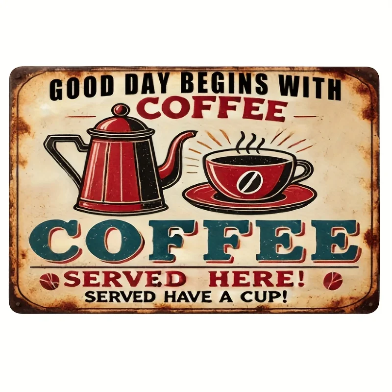 Tanda Logam Aluminium Bertema Kopi Antik - "Hari Baik Dimulai Dengan Kopi" untuk Dapur, Rumah, Bar, Dekorasi Kafe - 12x8 Inci
