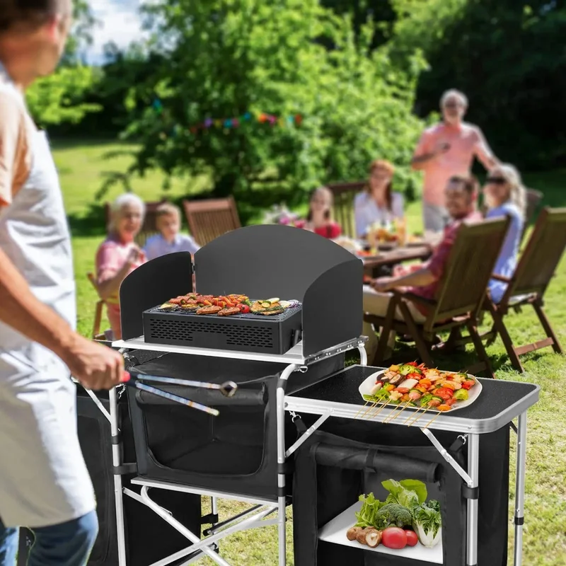 

Portable Outdoor Cooking Table with Windscreen and BBQ Hooks, Ideal for Camping and Parties