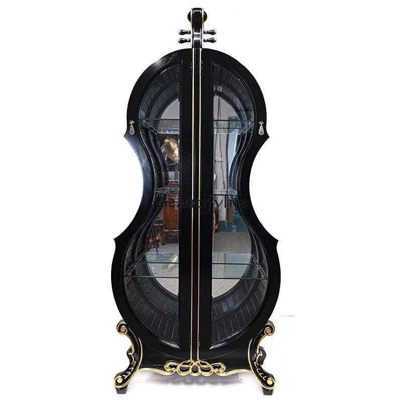 

ls 42 Violin wine cabinet solid wood carving flower glass double door living room display cabinet household European American li